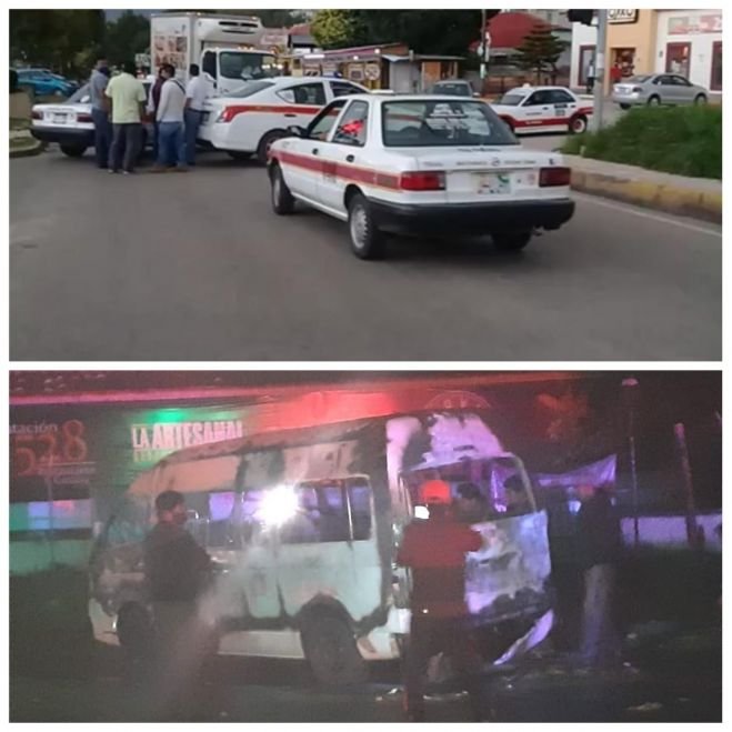 Taxistas bloquean y queman una urvan en San Cristóbal de Las Casas 