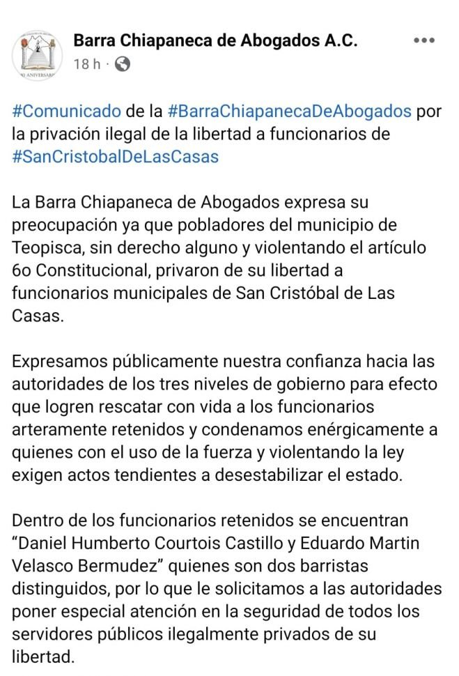 Barra de abogados condena privación ilegal de la libertad de funcionarios de San Cristóbal de Las Casas