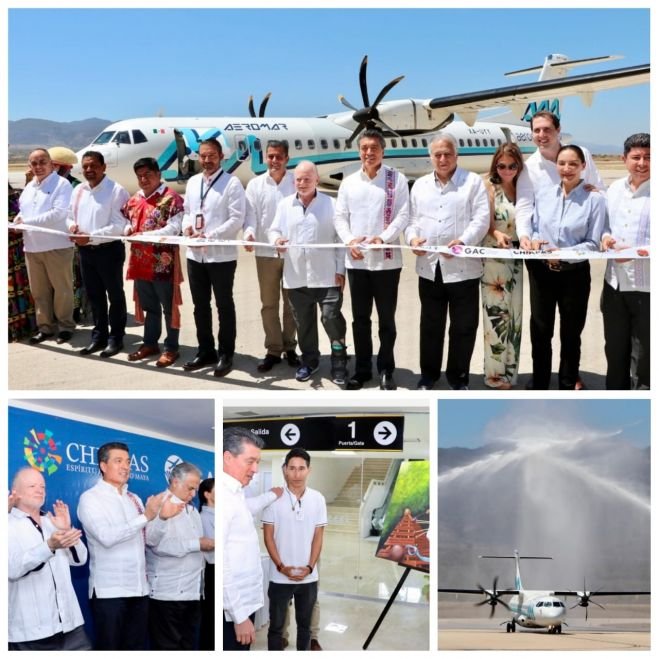 Rutilio Escand&oacute;n y titular de Sectur, Miguel Torruco, inauguran nuevo vuelo de Aeromar