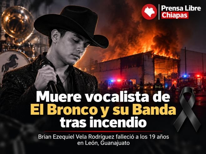 Ilustraci&oacute;n sobre el fallecimiento de Brian Ezequiel Vela Rodr&iacute;guez, vocalista de El Bronco y su Banda, tras incendio en Le&oacute;n, Guanajuato.