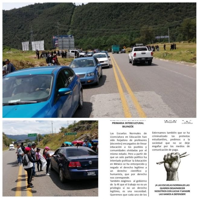 Polic&iacute;as arriban al km 46 de la carretera de cuota SC-Tuxtla para evitar bloqueo de  normalistas