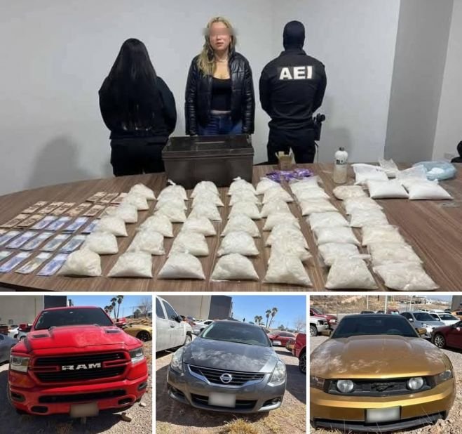 Detienen a una mujer que dijo trabajar en la FGR con 42 mil 500 dosis de cristal, dos millones de pesos y autos de lujo.