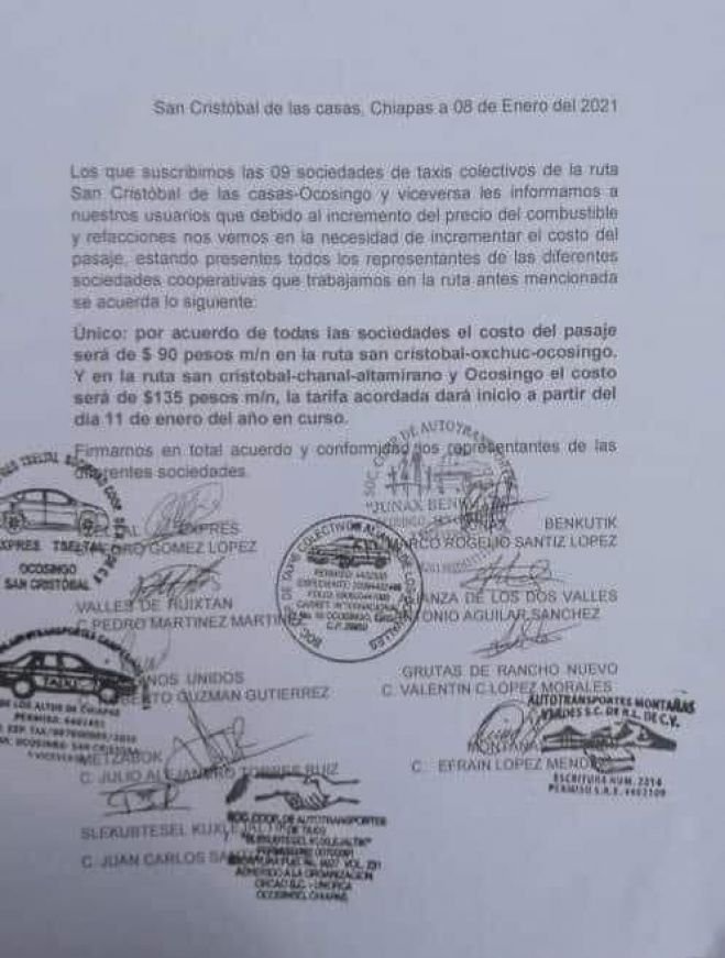 INCREMENTAN TARIFA DEL TRANSPORTE DE LA RUTA SAN CRISTÓBAL-OCOSINGO