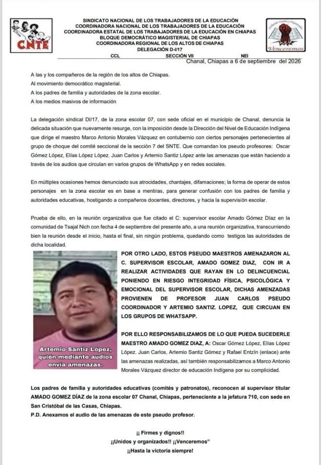 Maestros denuncian amenazase contra el supervisor escolar en Chanal