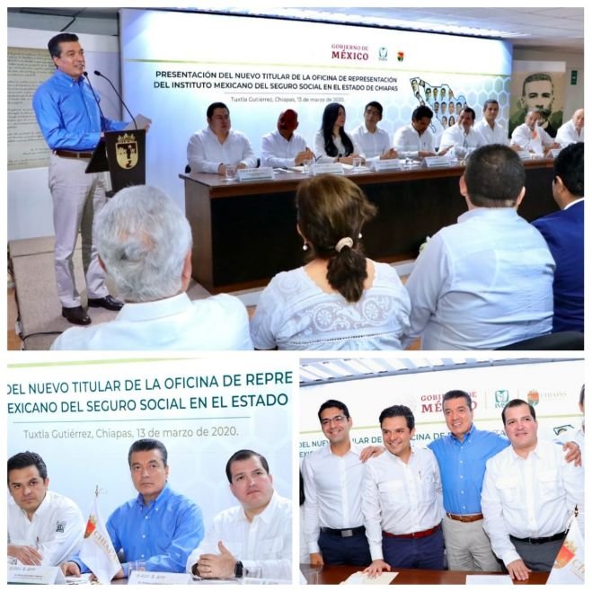 Acompa&ntilde;a Rutilio Escand&oacute;n a Zo&eacute; Robledo en presentaci&oacute;n del nuevo representante del IMSS en Chiapas