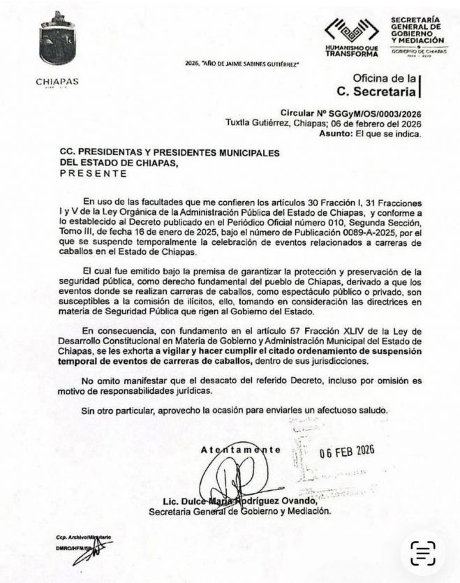 Gobierno de Chiapas exhorta a municipios a cumplir suspensión de carreras de caballos