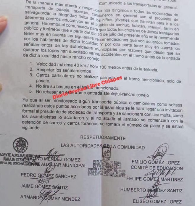 Oxchuc fija límite de 40 km/h y anuncia multas en carretera federal