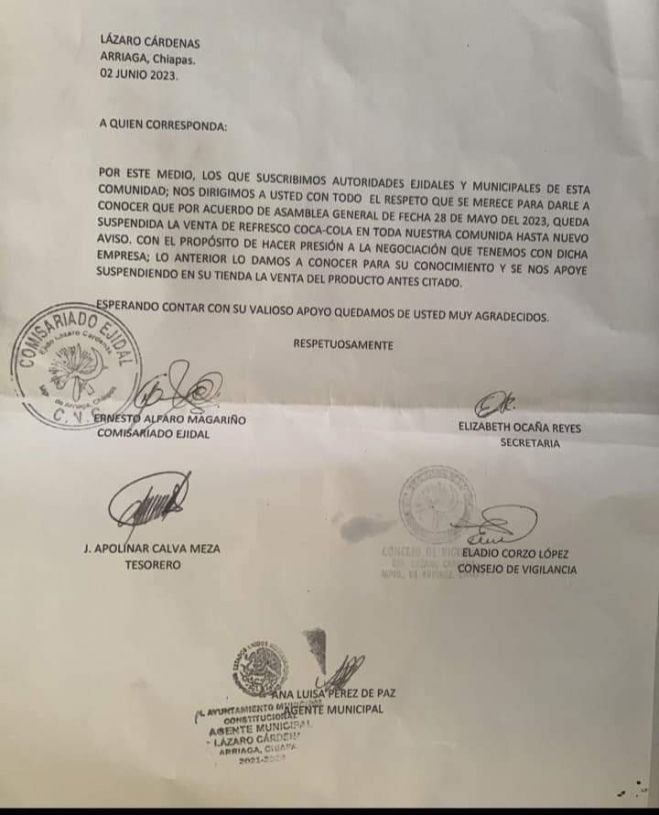 #Prohiben la COCA COLA en colonia del municipio de Arriaga