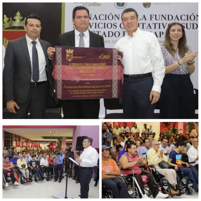 Rutilio Escand&oacute;n recibe donaci&oacute;n de sillas de ruedas de la Fundaci&oacute;n Servicios Caritativos SUD A.C